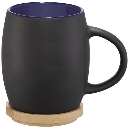 Hearth Ceramic Mug with Wood Lid/Coaster,  solid black,Blue